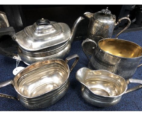 SILVER PLATED THREE PIECE TEA SERVICE, comprising tea pot, sugar and cream, along with other silver plated items including a 