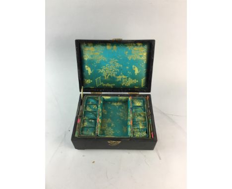 19TH CENTURY CHINESE LACQUER WOOD JEWELLERY BOX, along with other items including a lacquered twin handle sugar bowl, a Lipto