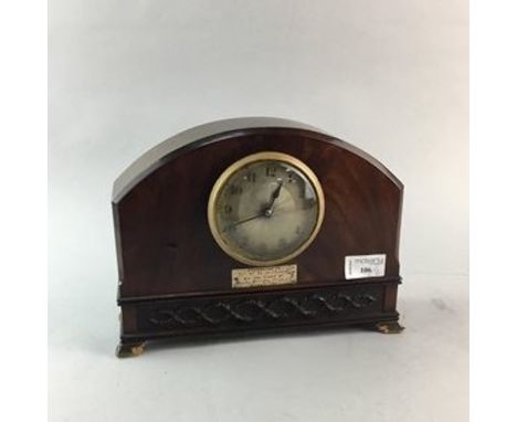 MAHOGANY MANTEL CLOCK, along with a banjo barometer and a wooden model of a spinning wheel (2)