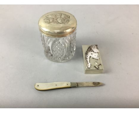 SILVER RECTANGULAR PILL BOX, the detachable cover decorated with enamel leopard, along with a silver topped glass dressing ta