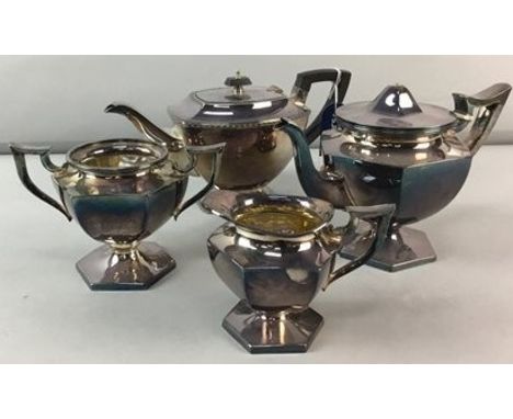 THREE PIECE PLATED TEA SERVICE, of hexagonal form, along with another teapot