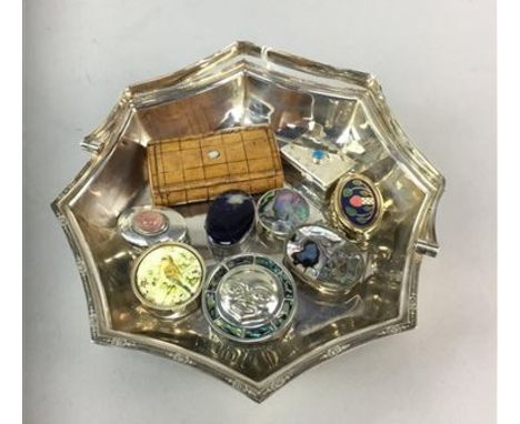 GROUP OF SMALL SILVER and OTHER PILL BOXES, along with a 19th Century snuff box and a plated cake basket