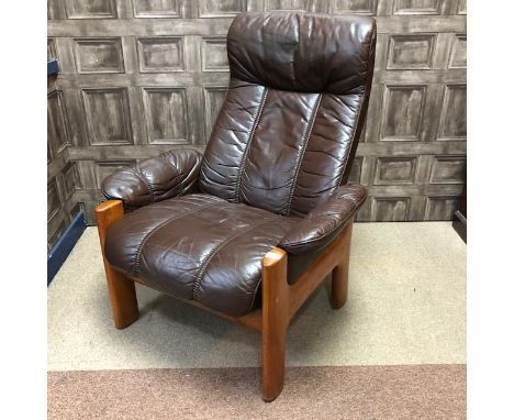 BROWN LEATHER ARMCHAIR, 100cm high