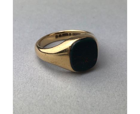 NINE CARAT GOLD SIGNET RING, set with a bloodstone, along with pair of studs and various stick pins