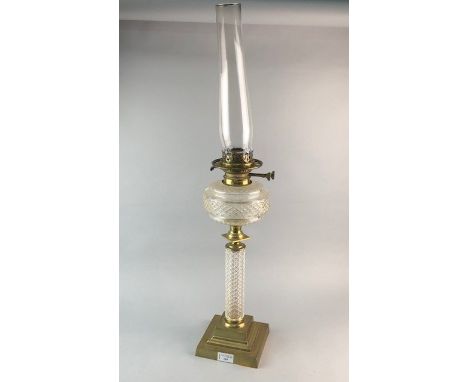 BRASS AND CUT GLASS OIL LAMP, 79cm high overall