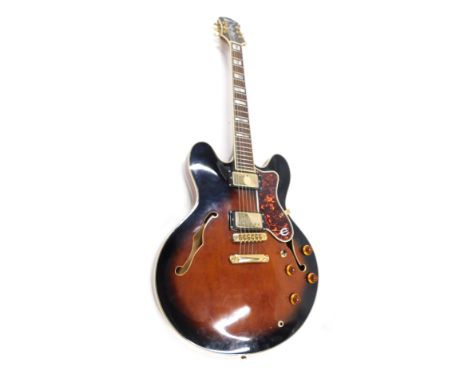 An Epiphone ES-335 electric guitar, with mother of pearl fret inlays, with padded travel case. 