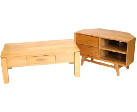 A light oak television stand, with two drawers and a shelf, on tapering legs, 100cm wide, and a light oak coffee table, with 