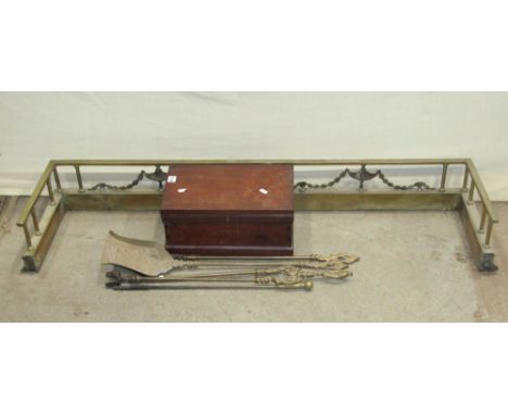 A small stained pine workbox with hinged lid and two removeable trays to interior, together with a cast brass companion set a