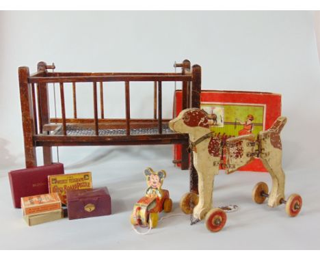 Vintage toy collection including pull along articulating dog, 1950s pull along Mickey Mouse 'Puddle-Jumper' boxed Tail-Less D