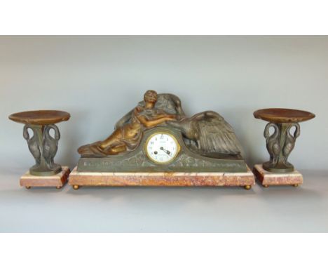 An art deco clock garniture Leda &amp; Swan garniture with an eight day striking movement, raised on a marble plinth, flanked