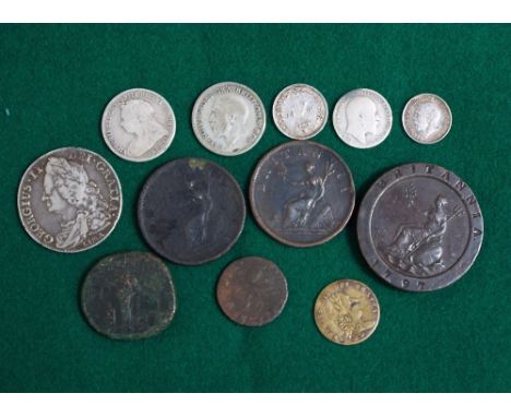 George II silver half crown, Lima 1745, William and Mary copper farthing 1694, George III cartwheel two pence VF and 9 other 