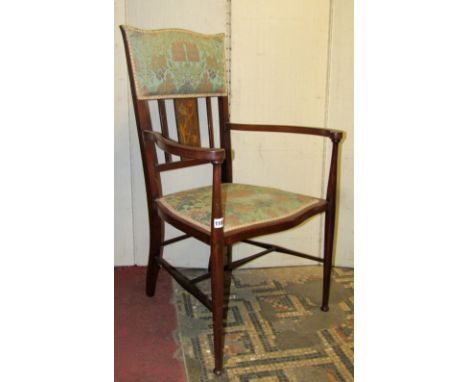 An Edwardian art nouveau style light weight open elbow chair with shaped outline and inlaid detail, together with a Victorian