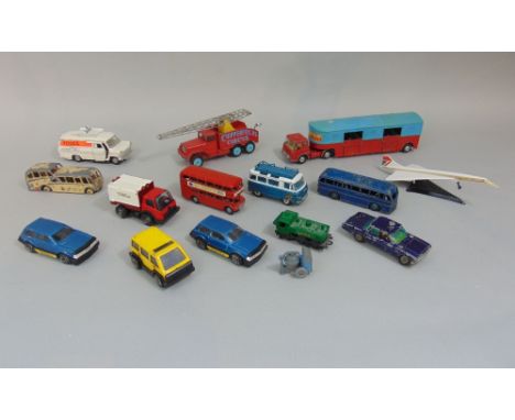 Die cast model vehicles including Dinky Chipperfield Circus Articulating Horse Box, and International Truck, Ford Transit Van