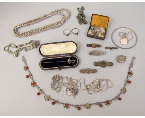 Collection of silver / white metal jewellery to include a cased stick pin in the form of a sword with filigree detail, Arts &