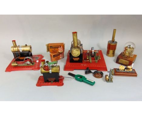 Collection of small Mamod model steam engines, together with a model Edison stock ticker with presentation dome