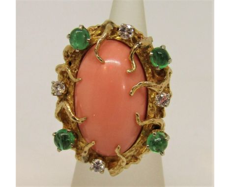 In the manner of Arthur King - vintage 14k naturalistic cocktail ring set with coral, emeralds and diamonds, size J/K, 22.8g