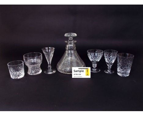 A good quality cut glass decanter and stopper with ridged detail, together with further cut glass drinking glasses, various s