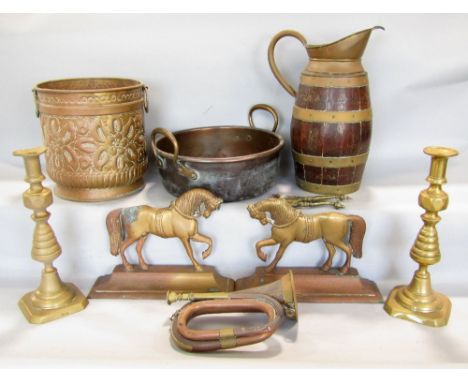 A collection of 19th century copper and brass including two door porters in the form of prancing horses, a copper jam pan, pa