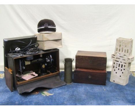 A 19th century walnut veneered writing slope, one other, a trench art vase, vintage boxed ladies hat, glass ceiling light, vi