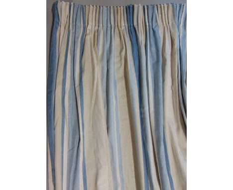 One pair bespoke made curtains in Laura Ashley 'Awning Stripe Sea Spray' fabric, in linen/cotton, lined with pencil pleat hea
