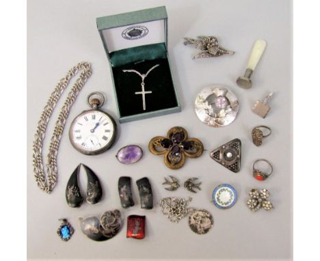 Collection of mainly silver costume jewellery to include a Charles Horner brooch of rounded triangular form with pierced deta