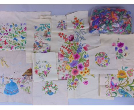 Embroidery collection including a bag of Anchor threads, eleven embroidered panels in different sizes, together with a box of