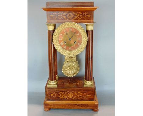 Good portico rosewood and boxwood inlaid mantel clock, the twin train brass dial with copper chapter ring, striking on a bell