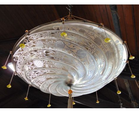 After Mariano Fortuny for Archeo of Venice glass ceiling light, with latticino faceted embossed glass with floral gilt highli