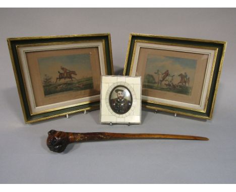A 19th century letter knife, the head carved in the form of a French Bulldog, a late 19th century miniature portrait of Henry