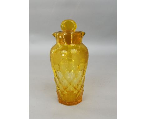 John Walsh Walsh citrine glass spirit decanter and stopper with facet cut decoration and etched fruiting vine border, 20 cm t