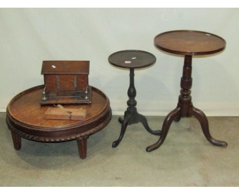 One lot of miscellaneous small furniture to include two antique tripod tables of varying size, raised on turned pillars and t