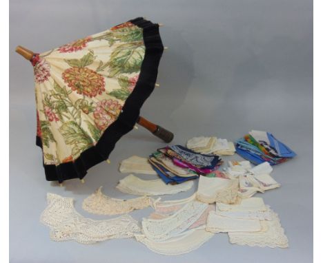 Unusual colourful parasol c. 1930's with batik style printed fabric embellished with gold chain stitch, and with a black velv
