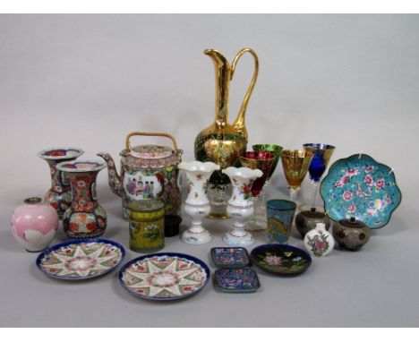 A collection of oriental ceramics and enamel wares comprising a pair of 19th century vases with imari type decoration and res