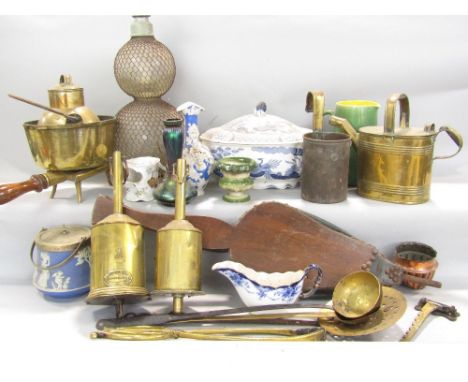 A vintage double gourd shaped soda siphon, overlaid with wire, a few miscellaneous ceramics, a collection of 19th century bra