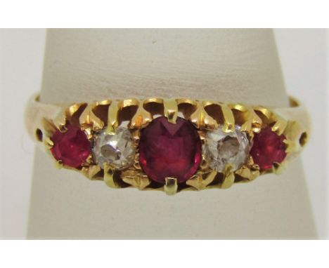 Late Victorian 18ct pink ruby and diamond ring, size P/Q, 3.8g