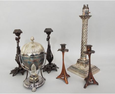 A good quality silver plated table lamp base in the form of a corinthian column, registered number 119555, 33.5 cm excluding 