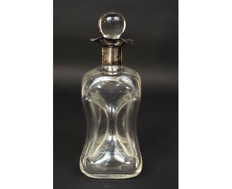 Glass decanter with waisted body, globular stopper and silver collar, Birmingham 1900