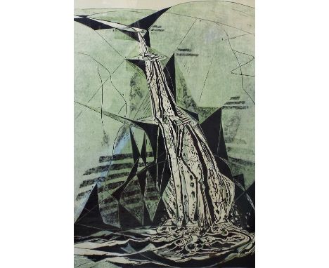 Gertrude Hermes (1901-1983) - 'The Waterfall', signed and dated 1967, limited 20/50 linocut print, 90 x 63cm, framed