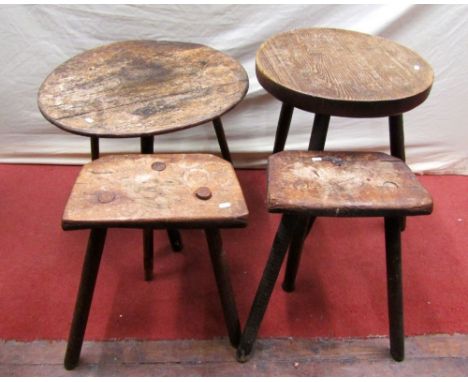 An 18th century cricket of cheese table, raised on three simple supports with traces of early polychrome decoration, 50cm dia