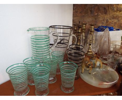 A collection of glassware including art deco lemonade set with green and white banded detail, comprising a jug and six glasse