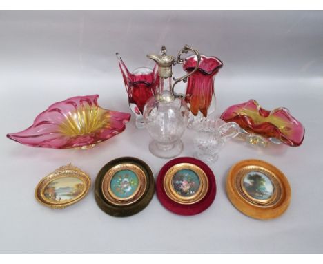 A collection of art glass with pink and yellow tint comprising four various dishes and vases, together with a 19th century cl