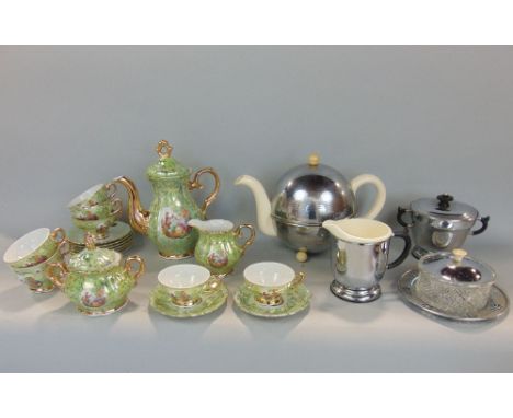 A continental porcelain coffee service in a green and gilt colourway, together with a further collection of chromium plated t