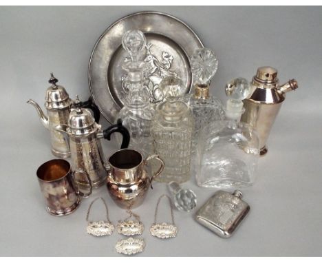 A collection of plated and glass wares including silver plated cocktail shaker, plated coffee pot and matching hot water jug 