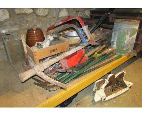 One lot of miscellaneous items to include a timber lathe and steel banded dome top travelling trunk, Castrol cylindrical oil 