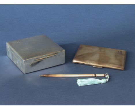 1930s silver engine turned cigarette case with gilt interior together with a further silver cedar lined tobacco box and silve