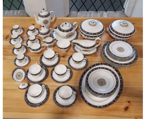 A quantity of Wedgwood Runnymede pattern wares comprising a pair of tureens and covers, sauce boat and stand, oval meat plate