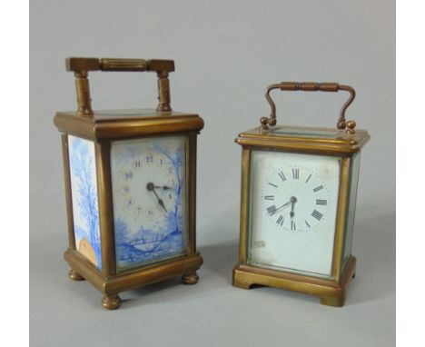 Brass and enamel carriage timepiece the front and side panels with blue and white landscape decoration, with gilt framed Arab