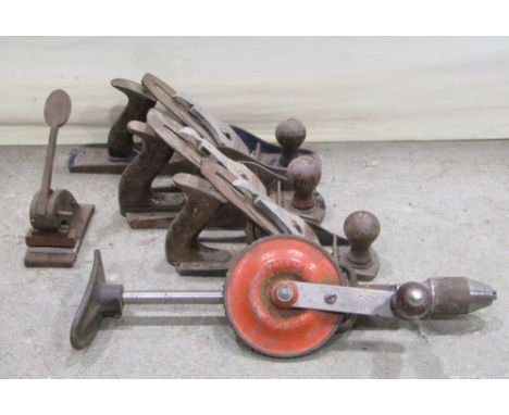 A small collection of wood work tools to include three planes, Record no 5, Stanley no 4 and Stanley 4 ½  and a further Stanl