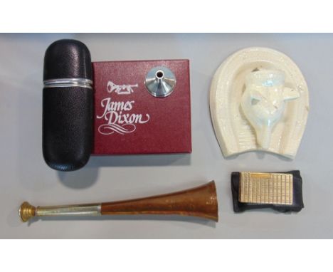 A collection of gentlemen's sporting items belonging to Capt Cazenove to include his hunting horn, Dupon lighter, James Dixon