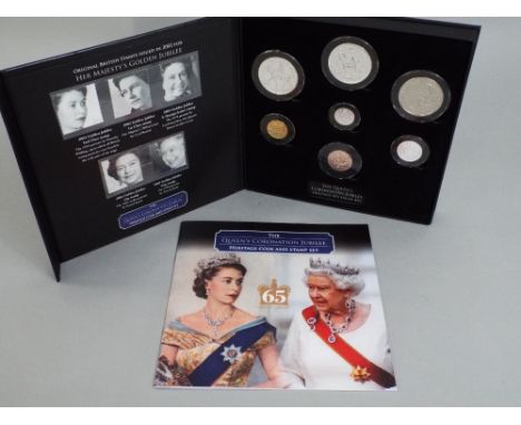 Queens Jubilee Coronation coin and stamp set, 7 coins, Coronation Crown to bronze half penny, limited 166/499, together with 